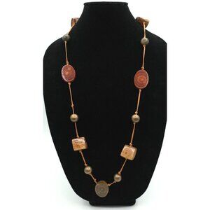 Artisan Ceramic & Bronze Beaded Long Necklace With Organic Stone Pendants
